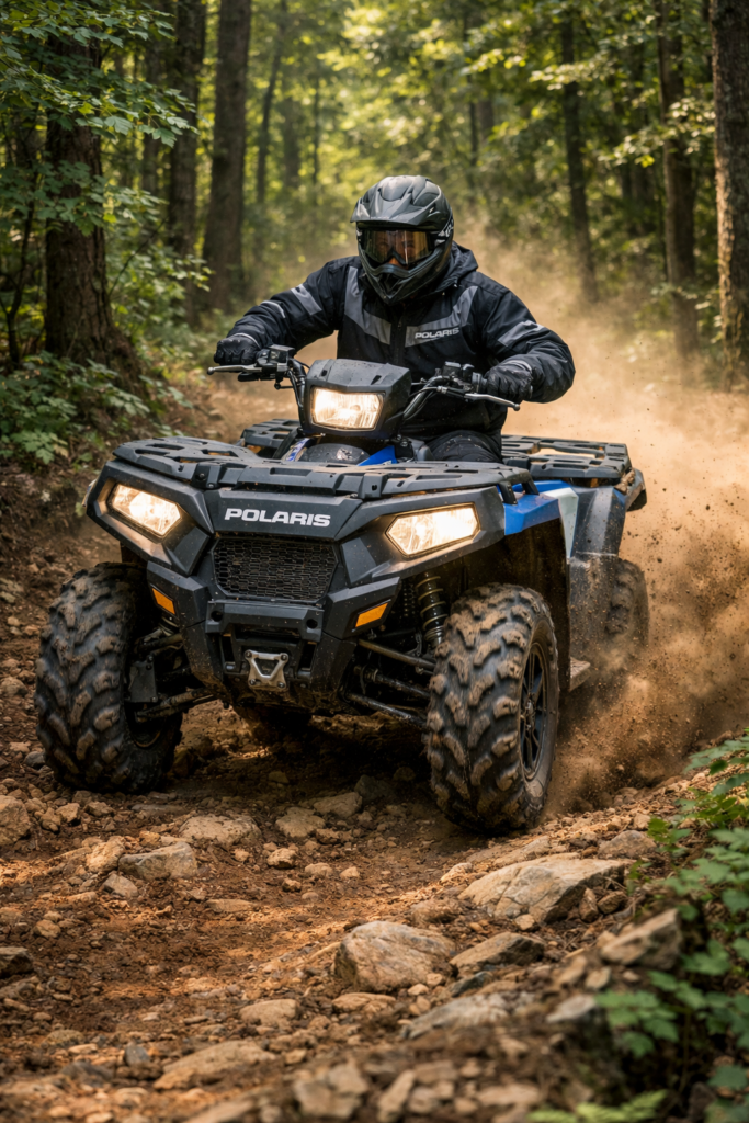 AI generated image of a person riding a ATV four wheeler through the forest