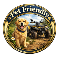 Picture of a dog and ATV stating the resort is pet friendly